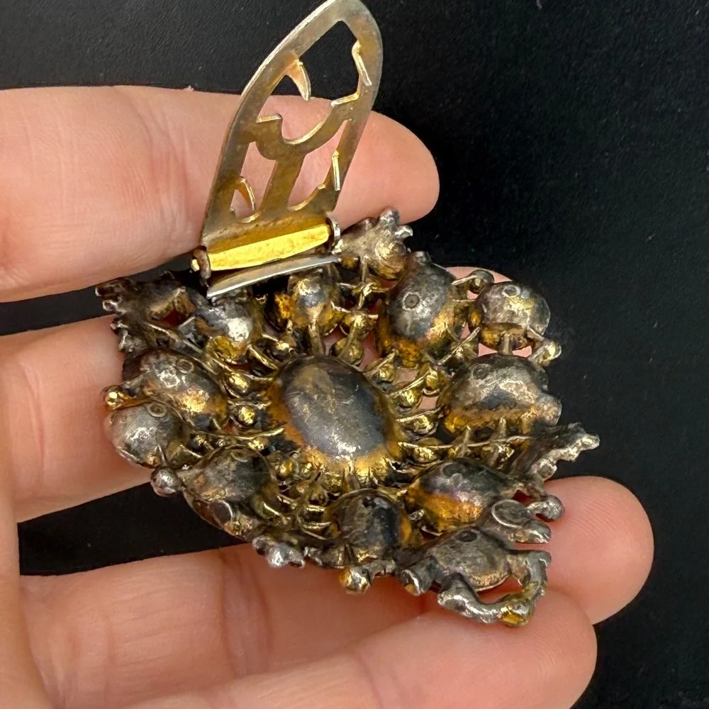 Vintage Dress Clip Silver Tone Clear Rhinestone Art Deco Revival Floral
